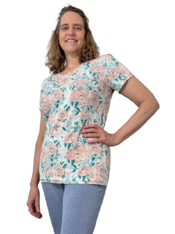 Short-sleeved, pastel, floral, custom-fit knit top