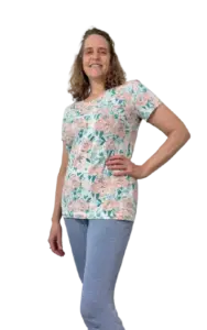 Kari wearing a handmade t-shirt